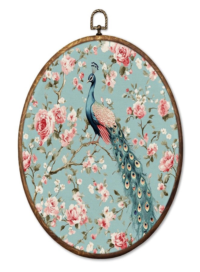 HUGANE Vintage Peacock Pink Rose Floral Round Wall Art Decor, Rustic Cottagecore Shabby Chic Floral Hanging Canvas Framed Prints Wall Sculptures for Home Bedroom Living Room Decor, 10x10 Inch - Image 1